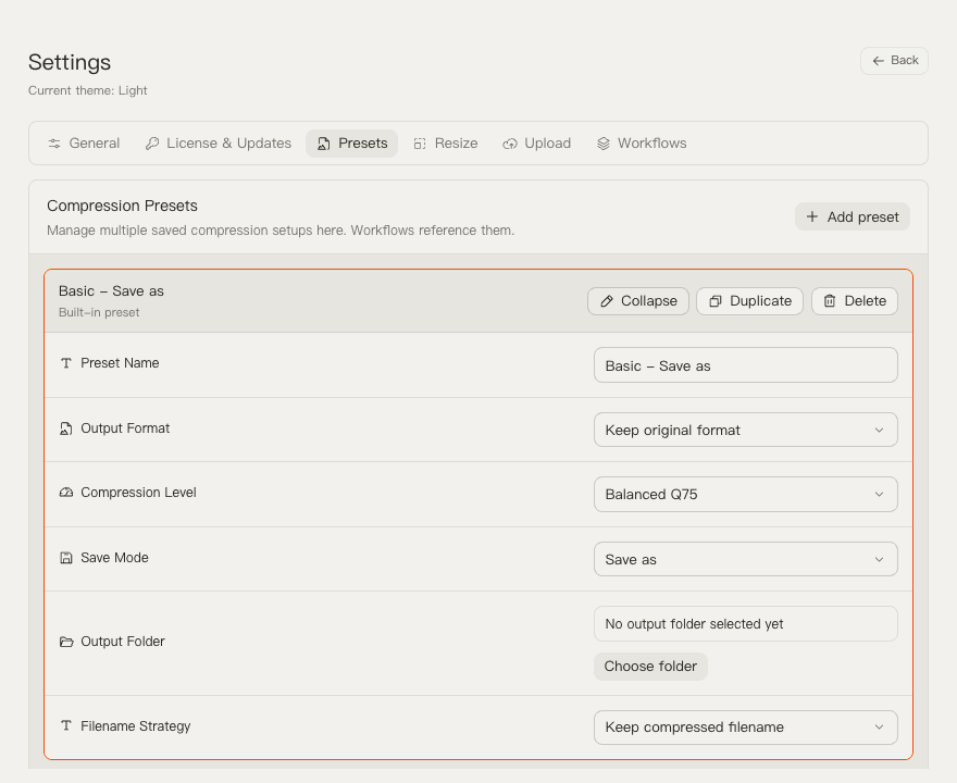 TinyOwl settings page with the compression preset editor expanded.