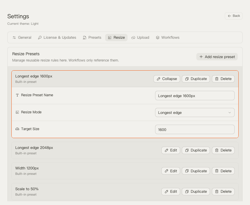 TinyOwl settings page with the resize preset editor expanded.