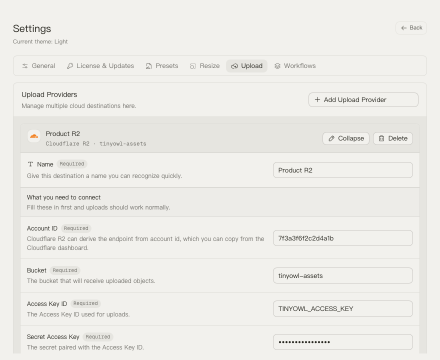 TinyOwl settings page with a Cloudflare R2 upload provider editor expanded.