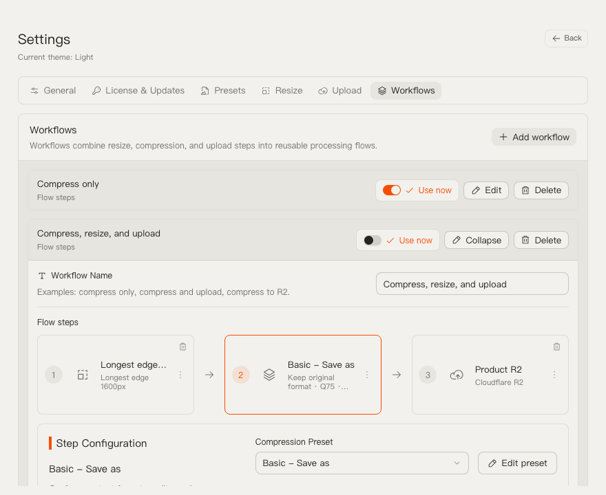TinyOwl settings page with a workflow expanded and the three-step editor visible.